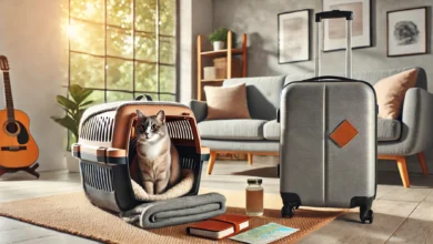 A cozy scene of a cat inside a travel carrier next to a packed suitcase in a bright living room, ready for travel.