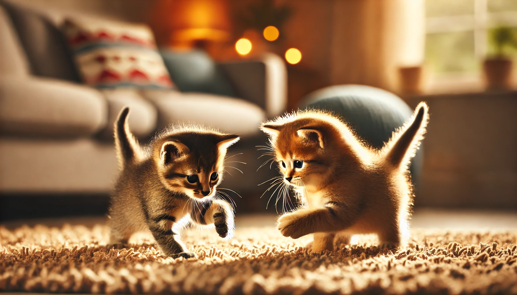 Two kittens, one larger than the other, playing energetically on a soft rug in a cozy indoor environment, showing different stages of growth.