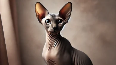 A sleek and elegant Peterbald cat with large bat-like ears and almond-shaped eyes, posed gracefully on a soft background.