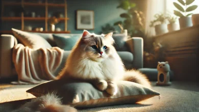 A Ragamuffin cat lounging on a soft cushion in a cozy, well-lit living room.