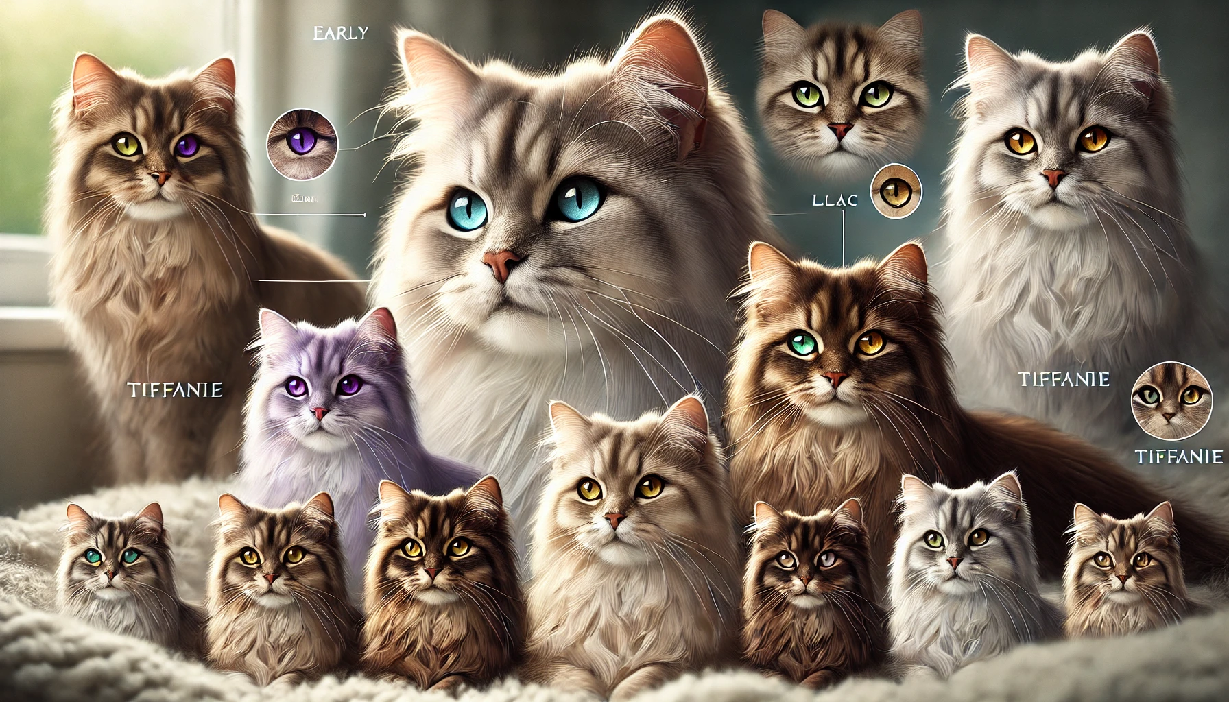 A group of early Tiffanie cats with semi-long silky coats in shades of lilac, brown, and chocolate, interacting in a calm home environment.