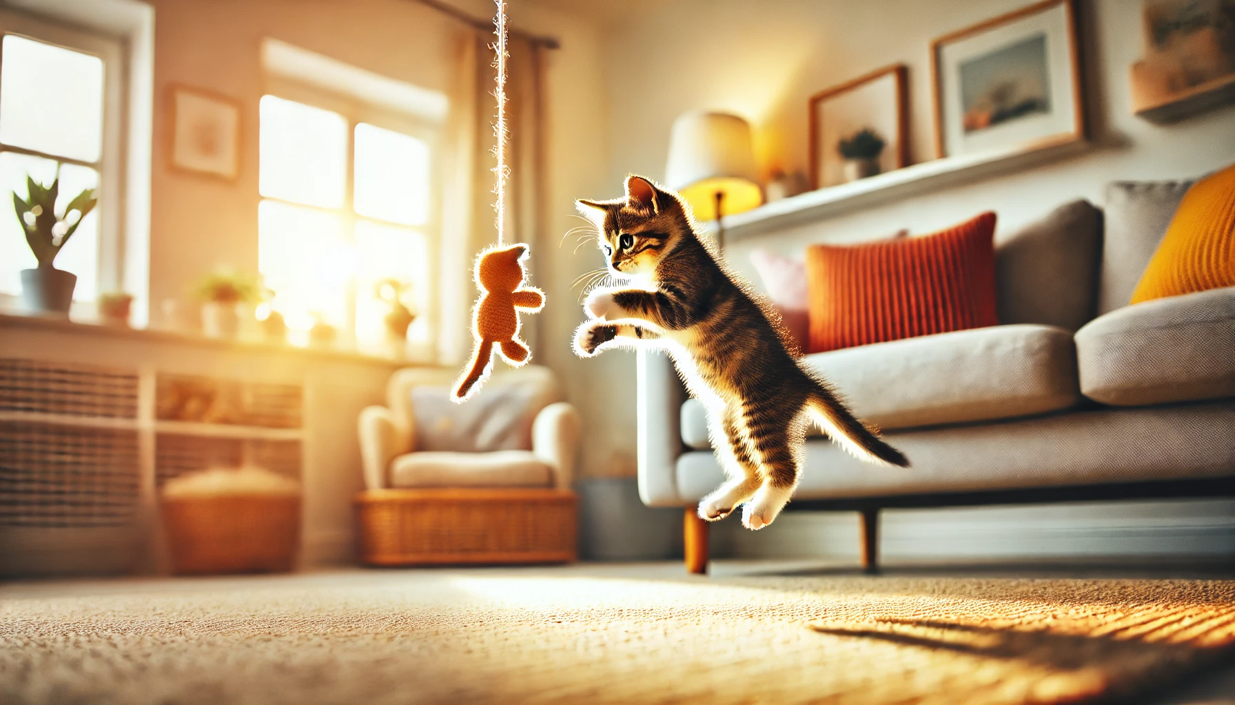 A playful kitten mid-air, leaping to catch a dangling toy in a cozy indoor environment filled with natural light and soft furniture.