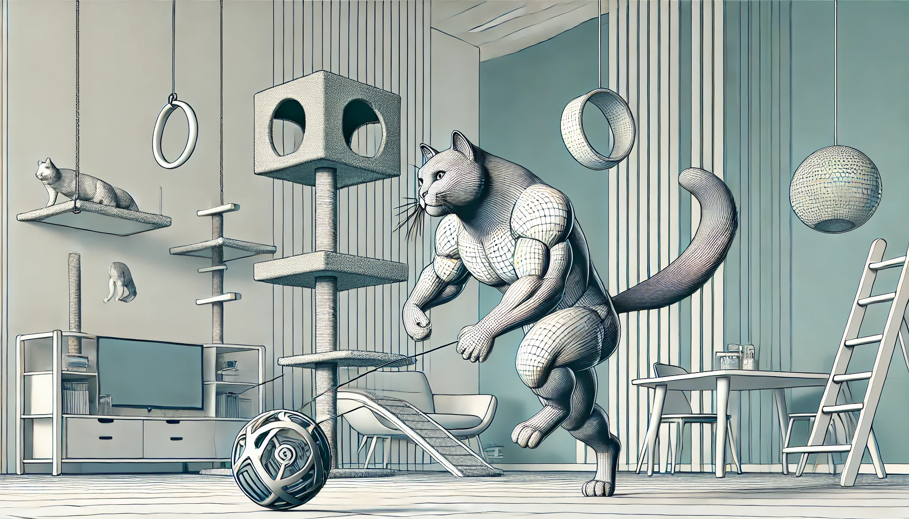 A Tiffanie cat actively playing with an interactive toy in a modern living room, showing its muscular build and agility.