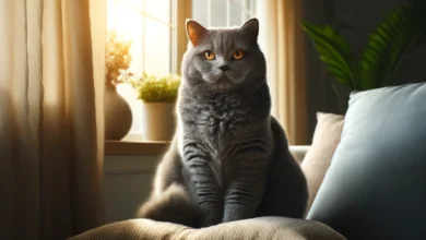 A majestic Chartreux cat sitting gracefully on a cushion near a sunlit window, showcasing its blue-grey fur and golden eyes.