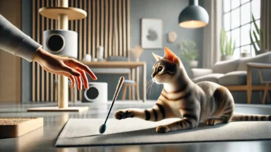 A cat engaged in target training, reaching towards a soft-ended target stick held by a person in a cozy indoor environment.