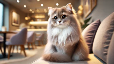 A graceful Tiffanie cat with semi-long, silky fur sitting in a cozy home environment with soft lighting.