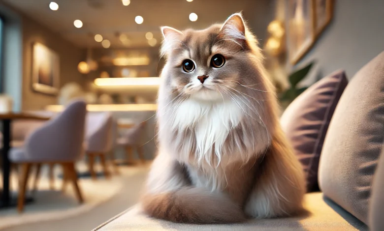 A graceful Tiffanie cat with semi-long, silky fur sitting in a cozy home environment with soft lighting.