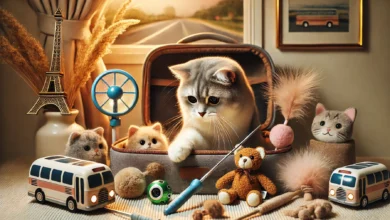 A playful cat surrounded by various travel toys including a plush toy, feather wand, and laser pointer, seated comfortably in a soft travel carrier with a subtle travel background.