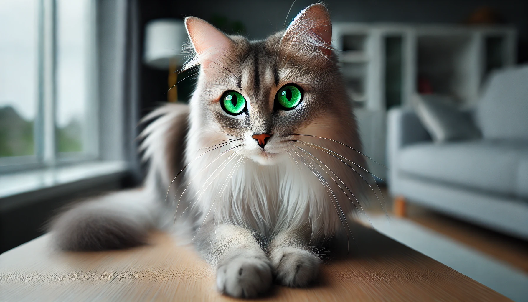 A close-up of a Tiffanie cat with striking green almond-shaped eyes and a slender, muscular body in a well-lit home environment.