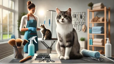 A well-groomed cat sitting calmly on a grooming table in a professional grooming salon, with grooming tools and another cat being brushed in the background.