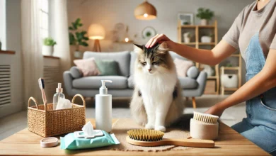 A calm cat being gently groomed with a soft brush in a cozy home environment, featuring hypoallergenic wipes and soft grooming tools nearby.