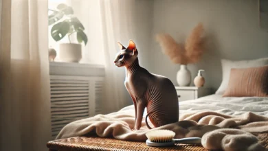 A hairless cat, such as a Sphynx, sitting on a cozy blanket in a minimalistic setting with natural light, surrounded by subtle grooming tools.