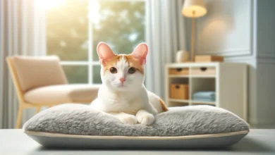 A calm cat lying on a soft cushion in a clean, well-lit indoor setting, symbolizing the importance of ear care for cats.