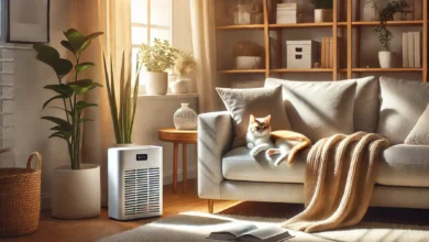 A cozy indoor living room with a lounging cat and an air purifier in the background, bathed in natural sunlight from a nearby window.