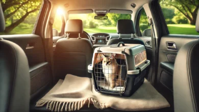 A cat sitting comfortably inside a carrier on the back seat of a car, with soft sunlight illuminating the car's cozy interior and a peaceful outdoor scene in the background.