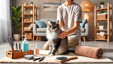 A cozy grooming setup at home with a relaxed cat being brushed on a soft mat, surrounded by essential grooming tools.