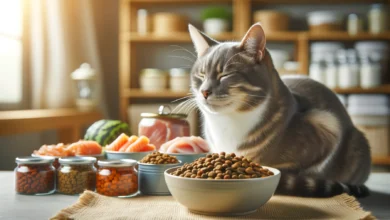 A peaceful domestic cat near a bowl of food, with healthy food options like kibble, canned food, and fresh ingredients in the background.
