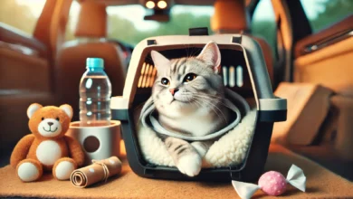 A relaxed cat in a modern travel carrier surrounded by essentials like water, treats, and a toy, inside a car.