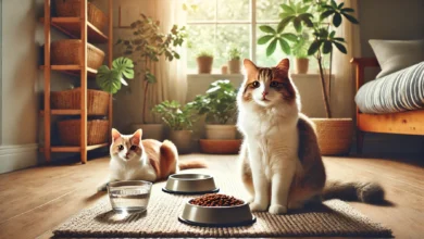 A cozy home scene with a healthy cat sitting next to a bowl of fresh water and balanced cat food, sunlight softly filtering through the window.