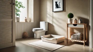 A tidy and clean litter box area with natural light and a small mat underneath.