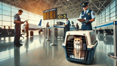A calm airport customs scene with a cat inside a pet carrier waiting at a customs checkpoint, with a customs officer reviewing documents nearby.