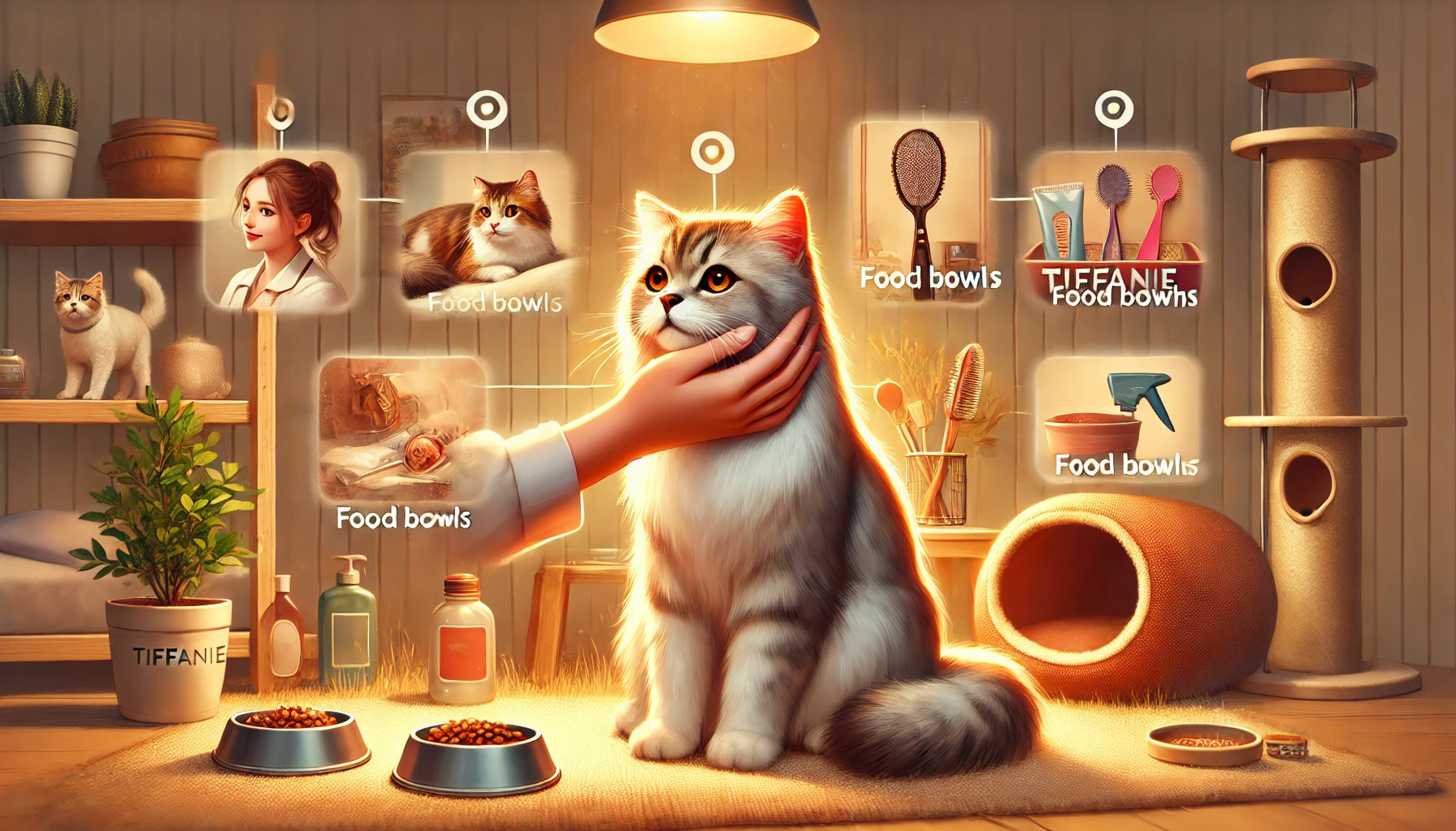 A Tiffanie cat in a cozy home, being gently petted by a person with a soft bed, food bowls, and grooming tools in the background.