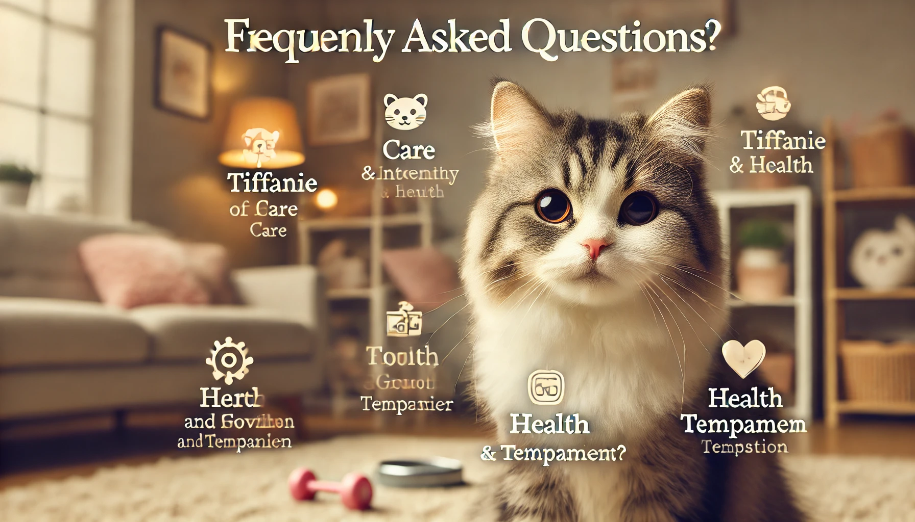 A curious Tiffanie cat sitting comfortably in a cozy living room with soft furnishings, toys, and grooming tools in the background.