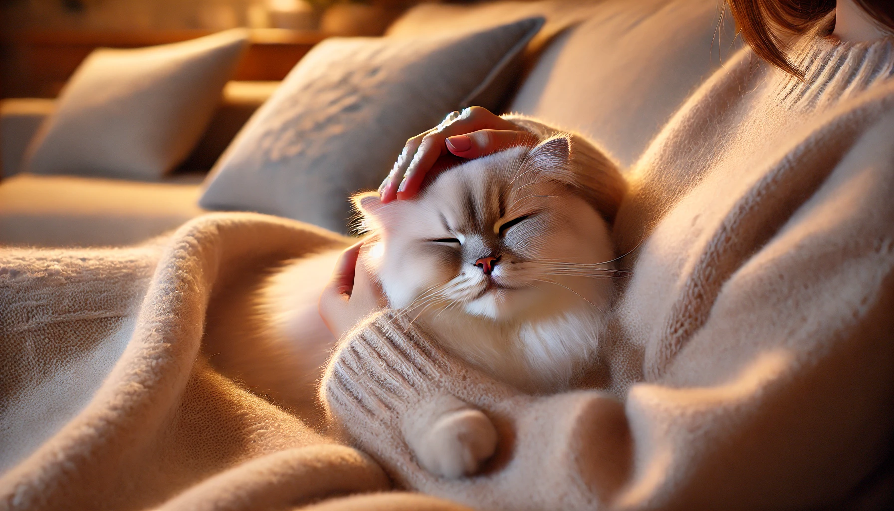 A Tiffanie cat nestled next to a person on a soft sofa, enjoying affectionate pets with a relaxed and content expression.