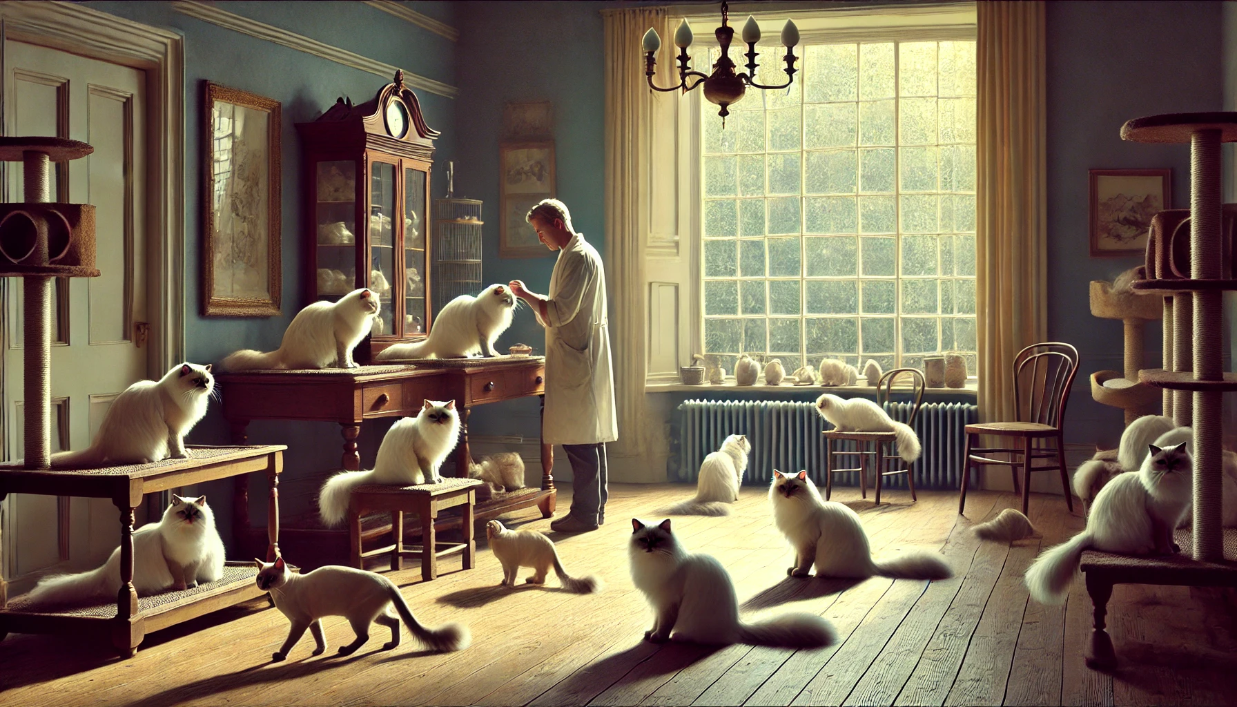 A scene from the 1980s showing the early development of the Tiffanie cat breed, with Burmese and Chinchilla cats in a well-lit room.