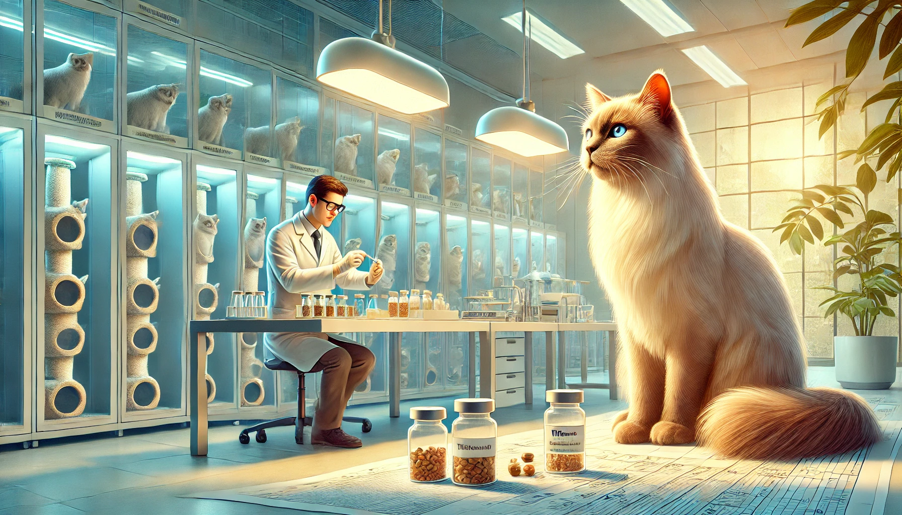 A modern breeding facility where Burmese and Chinchilla cats are being crossbred to develop the Tiffanie cat breed.