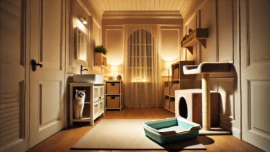 A clean and cozy indoor space with a well-maintained litter box, cat tree, and soft lighting to create a peaceful environment for the cat.