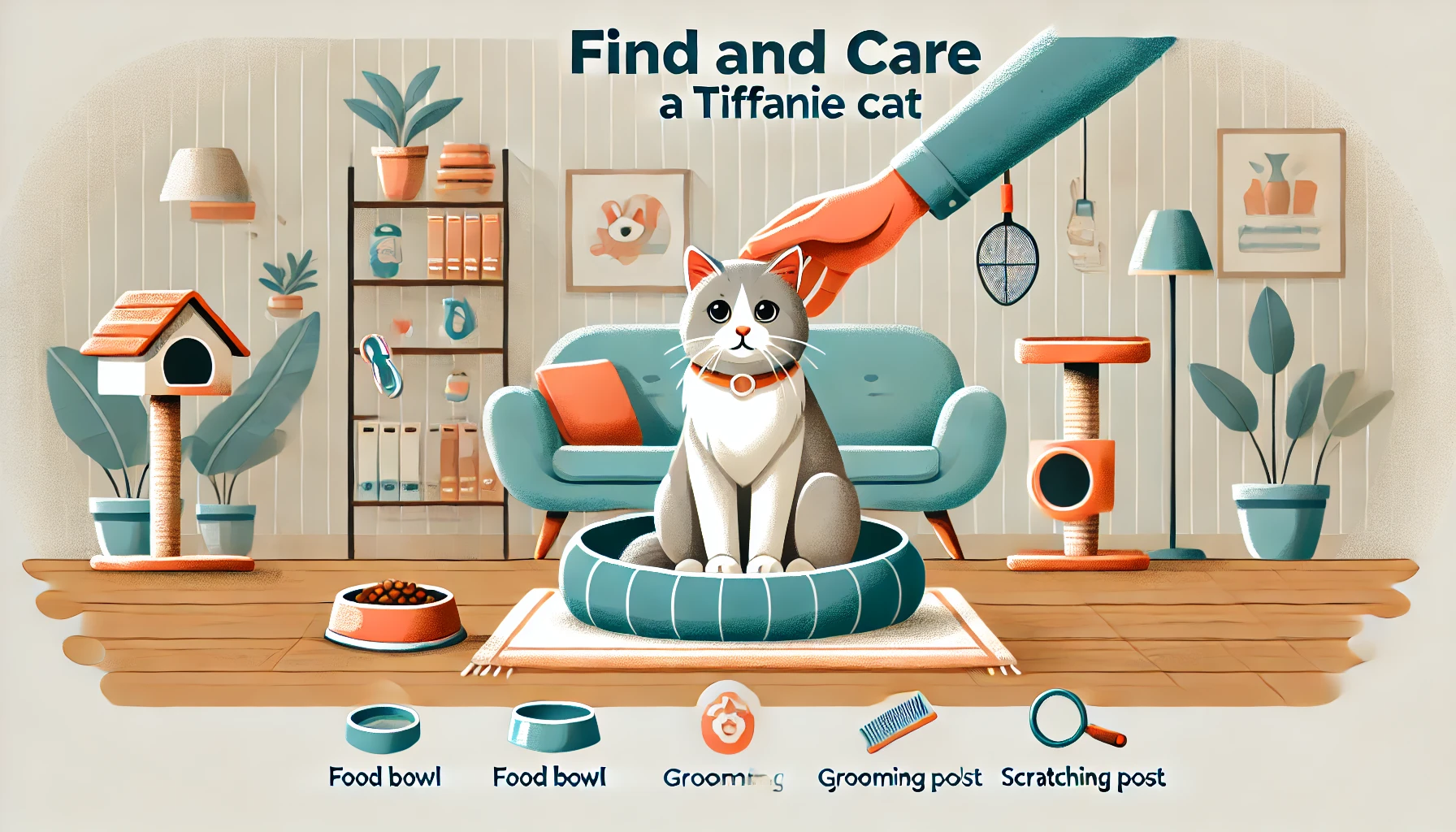 A Tiffanie cat sitting on a soft cat bed while being gently petted by a person in a cozy living room with grooming tools and a scratching post nearby.