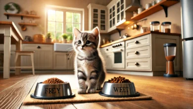A playful kitten looking at two food bowls in a cozy, well-lit kitchen