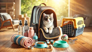 A backpack with cat essentials like a carrier, collapsible bowls, litter box, blanket, and toys, ready for travel.