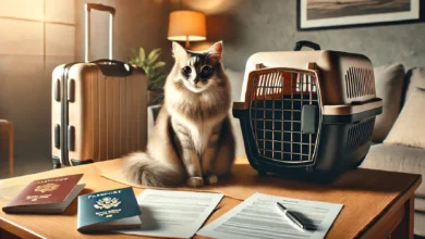 Traveler preparing for a journey with their cat, showing documents, pet carrier, and suitcase in a cozy home environment