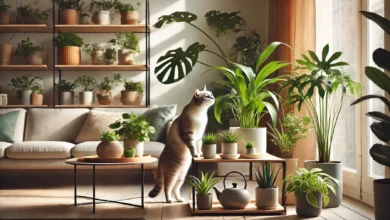 A calm cat sitting near houseplants in a cozy indoor setting, looking at the plants without interacting with them.