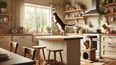 A cozy kitchen scene with a curious cat about to jump onto the counter, with a cat tree and window perch nearby.