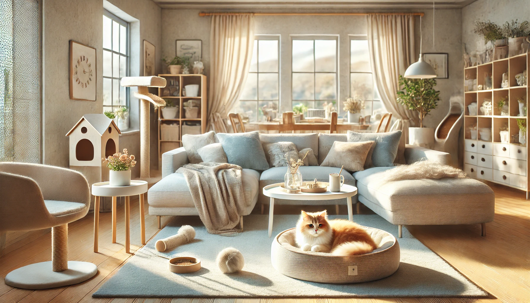 A cozy living room with a Tiffanie cat resting on a soft sofa, surrounded by toys and a scratching post in a bright and airy space.