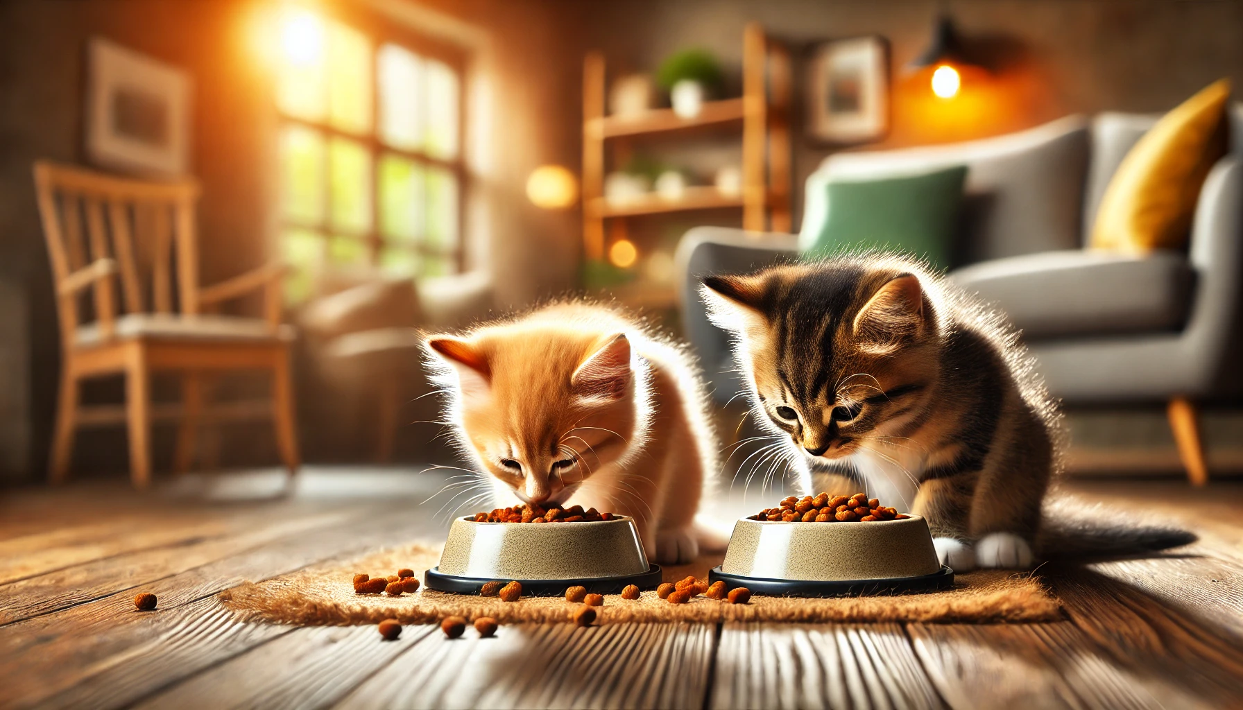 Two kittens eagerly eating from their bowls in a cozy indoor space, showcasing their increased appetite during growth spurts.