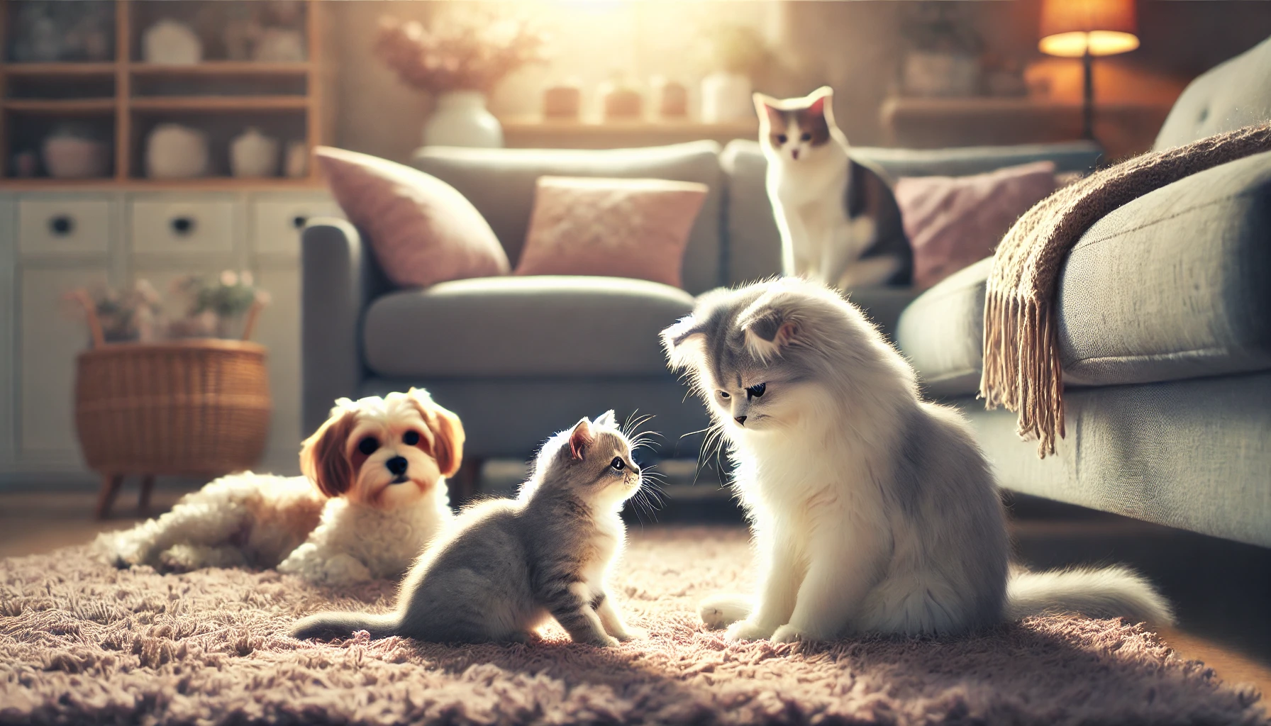 A Tiffanie cat calmly interacting with a small dog and another cat in a cozy living room setting.
