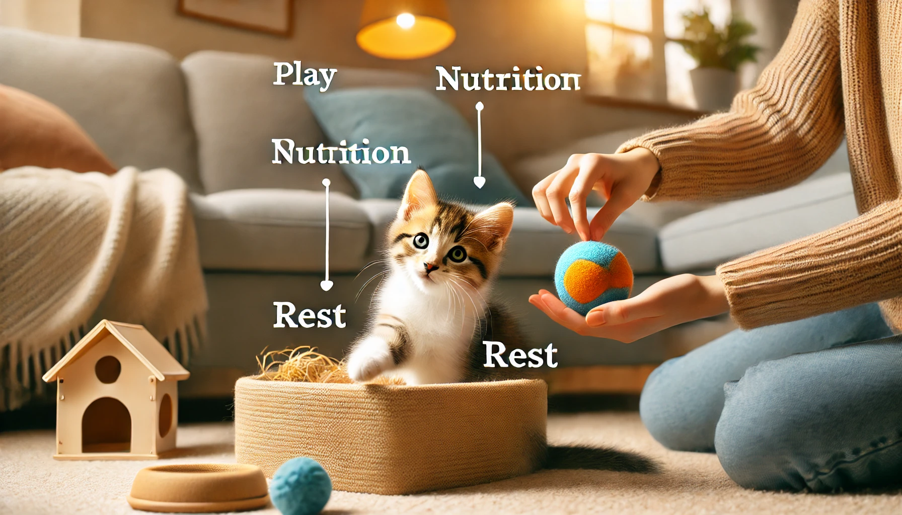 A playful and healthy kitten interacting with a toy while being gently pet in a cozy indoor setting.