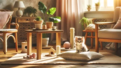 A cozy living room with a kitten sitting on a cushion, surrounded by toys and a scratching post, with soft lighting and natural decor.