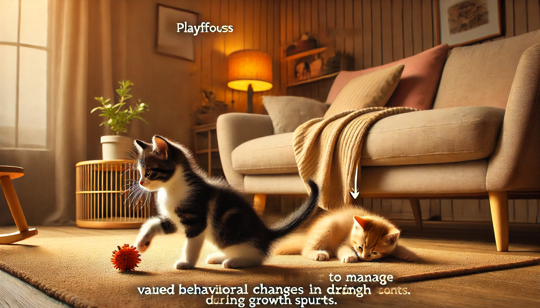 Two kittens in a cozy indoor environment, with one playfully chasing a toy and the other resting, showing different behaviors.