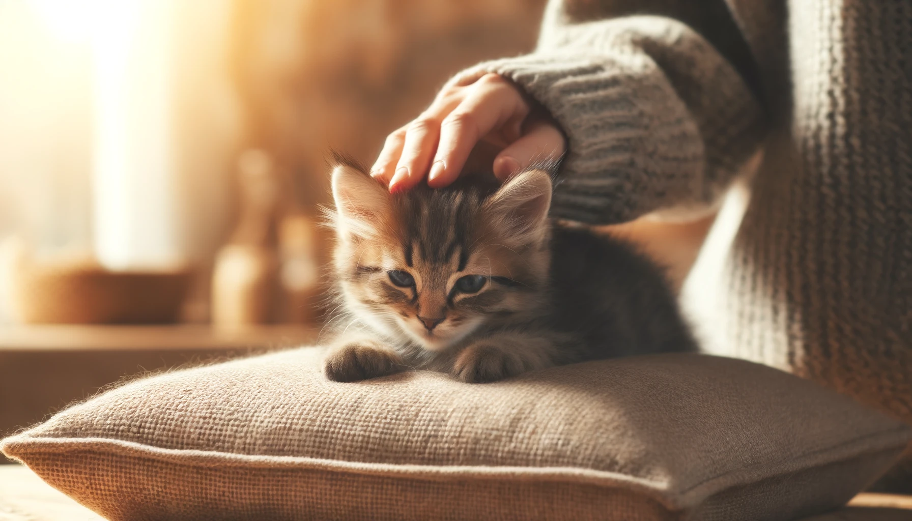 A kitten lying on a soft cushion with a gentle hand petting it, in a cozy indoor setting, reflecting care for managing growing pains.