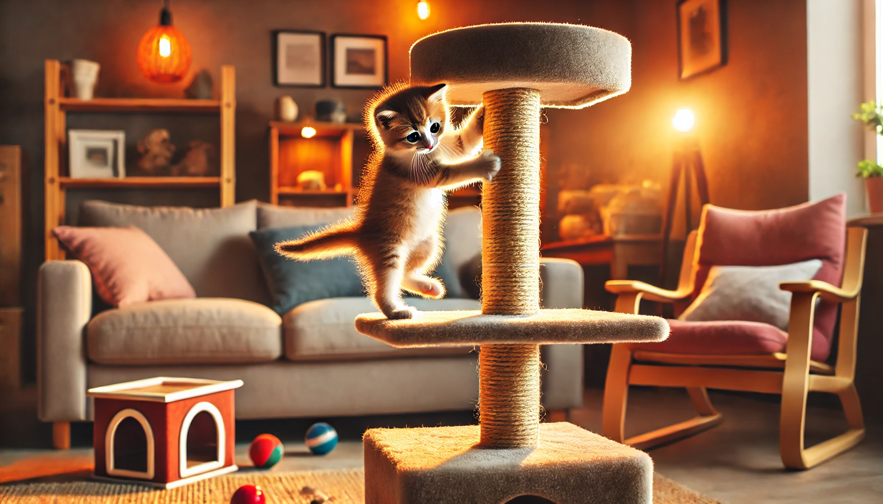 A playful kitten climbing a small cat tree in a cozy indoor environment, showing its motor skills development as it balances halfway up.