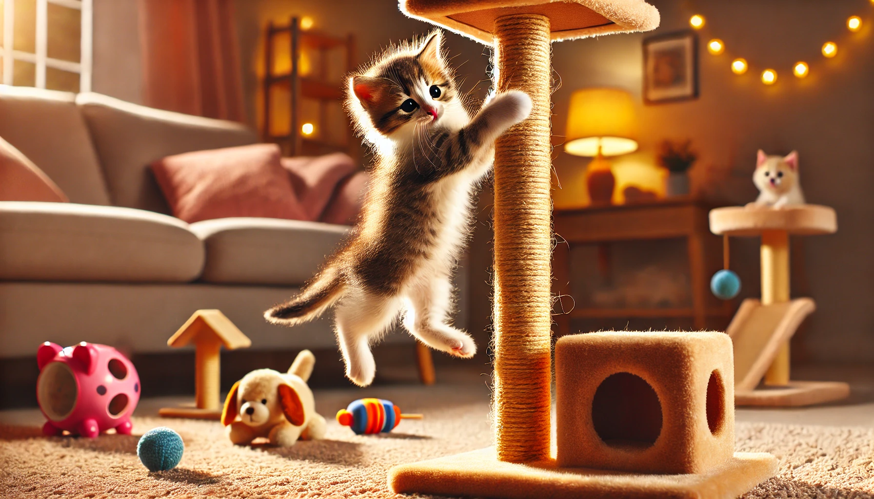 A playful kitten climbing a small scratching post in a cozy indoor environment, showcasing its developing motor skills and balance.