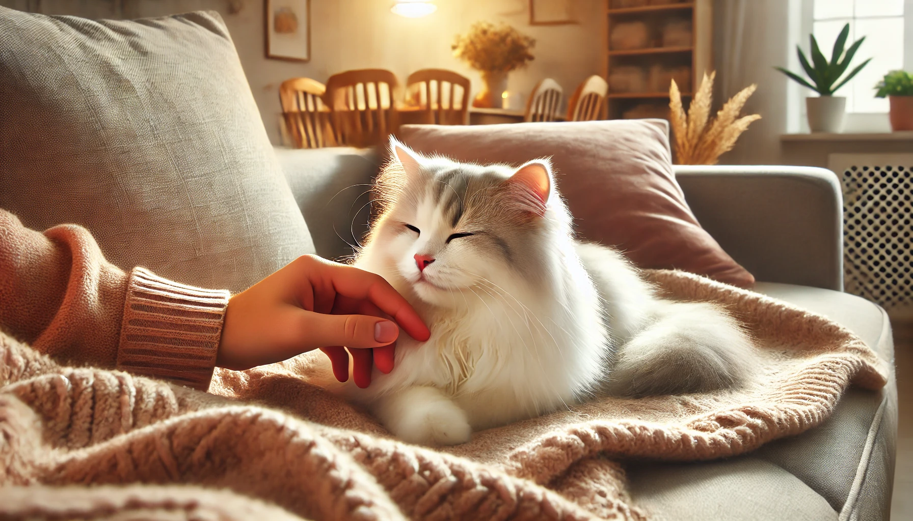 A Tiffanie cat sitting peacefully on a soft sofa, interacting gently with its owner in a cozy, warmly lit living room.