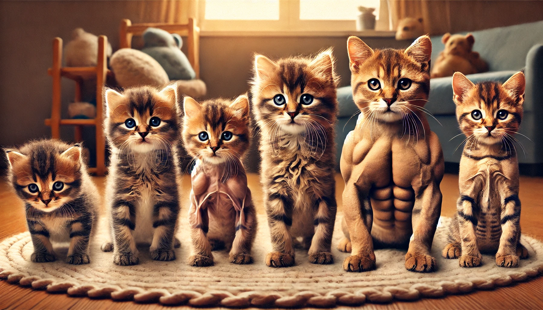 A group of kittens at different stages of growth, showing variations in size, muscle development, and fur texture, in a cozy indoor setting.