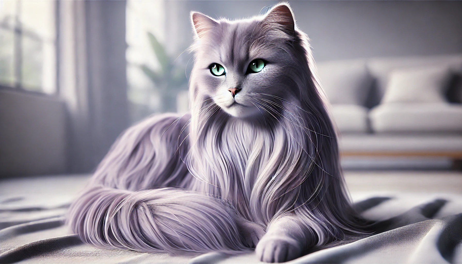 A Tiffanie cat with a semi-long lilac-colored coat and striking green almond-shaped eyes, sitting gracefully in a modern home setting.