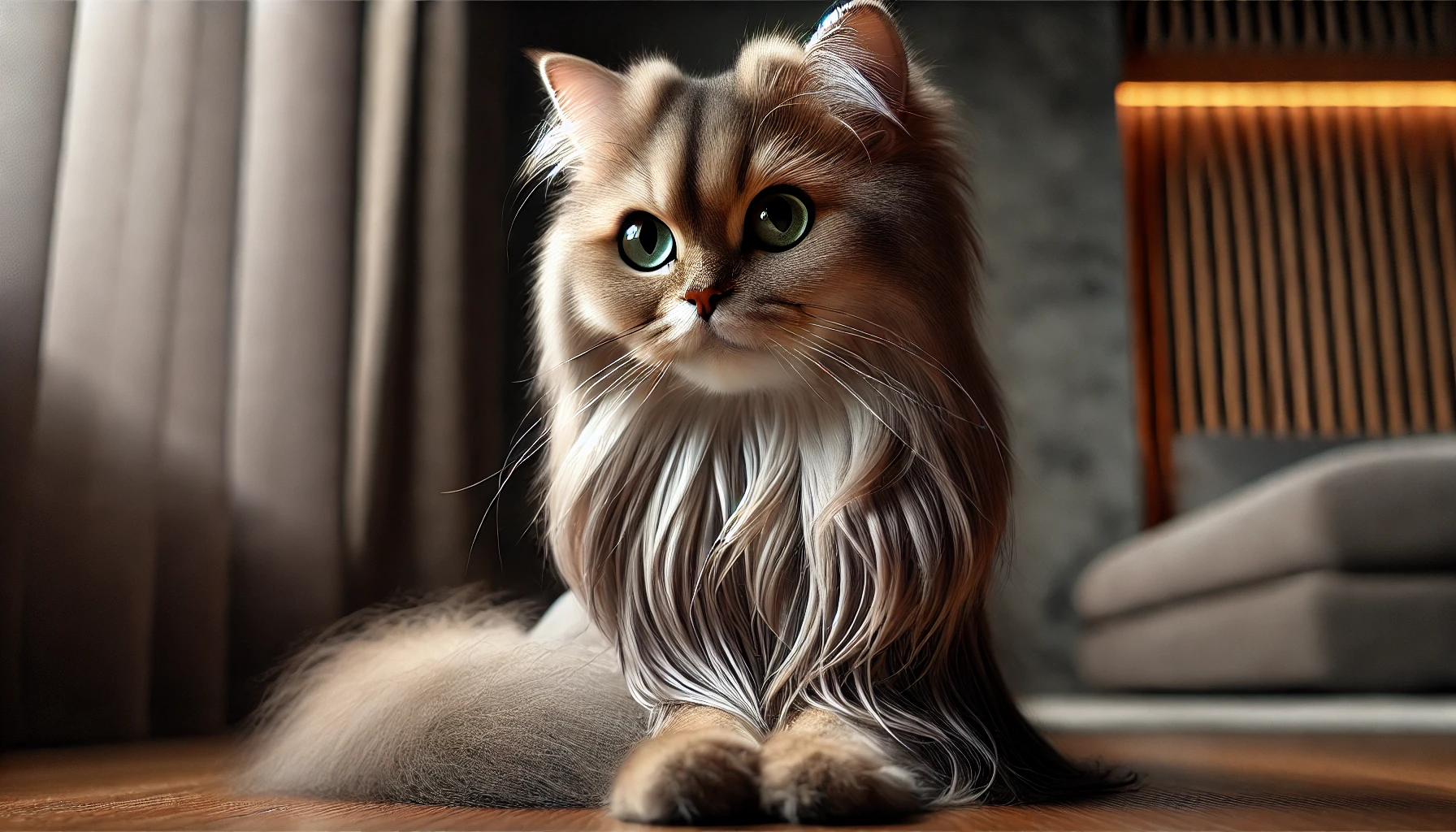 A close-up of a Tiffanie cat with a semi-long silky coat in shades of lilac and brown, large almond-shaped green eyes, and a slender muscular body.